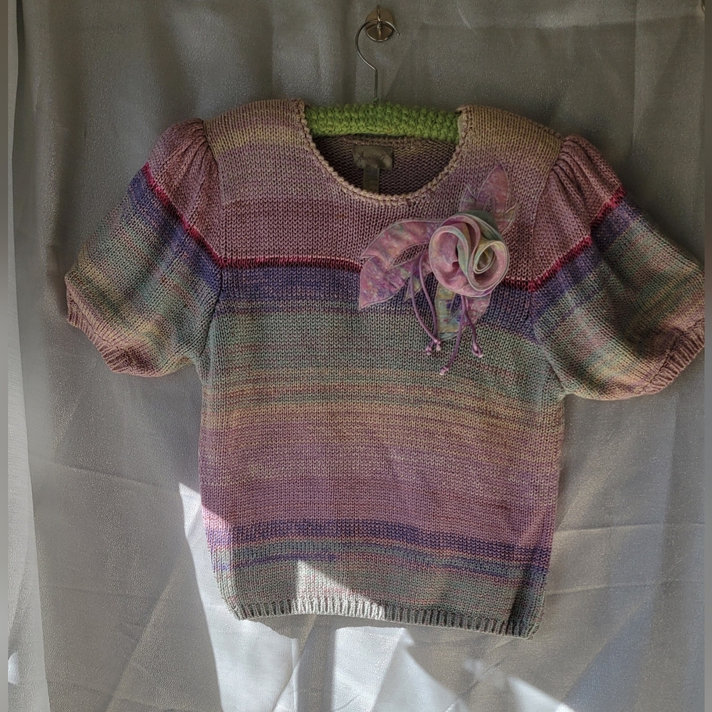 Vintage Pink Puff Cap Sleeve Knit Pastel Sweater Ann Wi Multicolor Rainbow Fairy